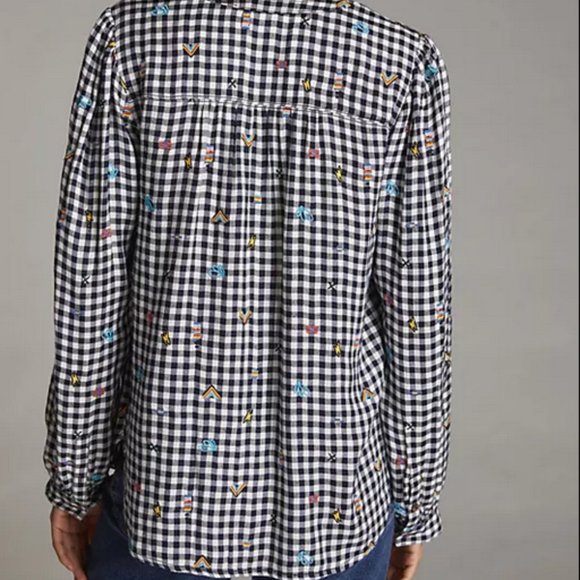 Anthropologie Pilcro M NWT Embroidered Gingham Buttondown Shirt Top Blouse - Picture 2 of 4